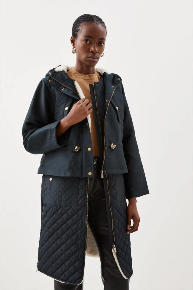 Faux Fur Lined Hybrid Longline Trench Coat Black Women Karen Millen Coats and Jackets