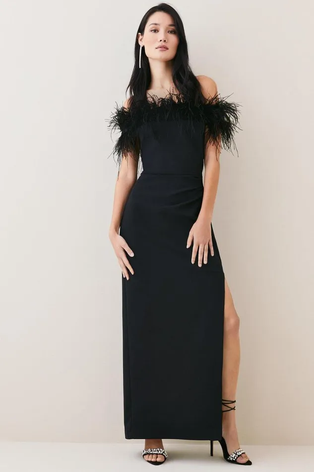 Feather Bardot Stretch Crepe Tailored Maxi Dress Black Women Karen Millen Dresses