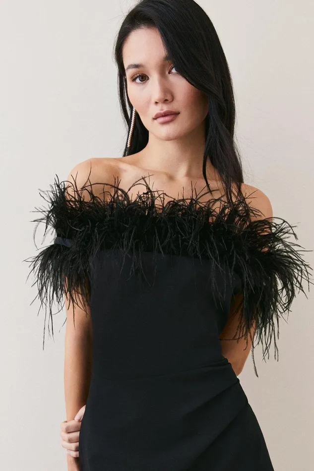 Feather Bardot Stretch Crepe Tailored Maxi Dress Black Women Karen Millen Dresses