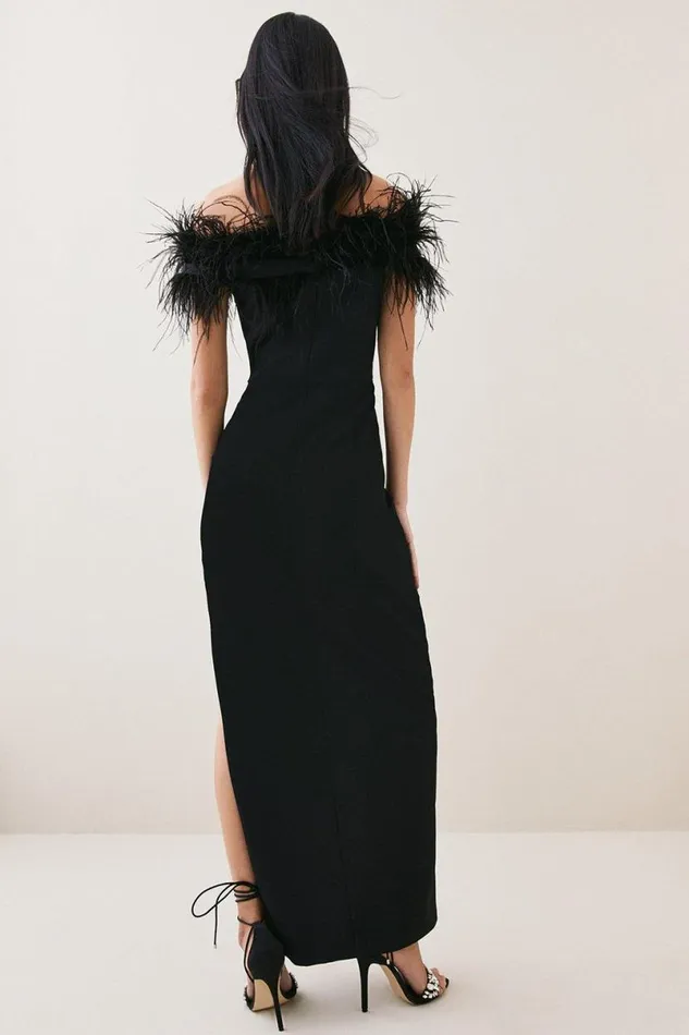 Feather Bardot Stretch Crepe Tailored Maxi Dress Black Women Karen Millen Dresses