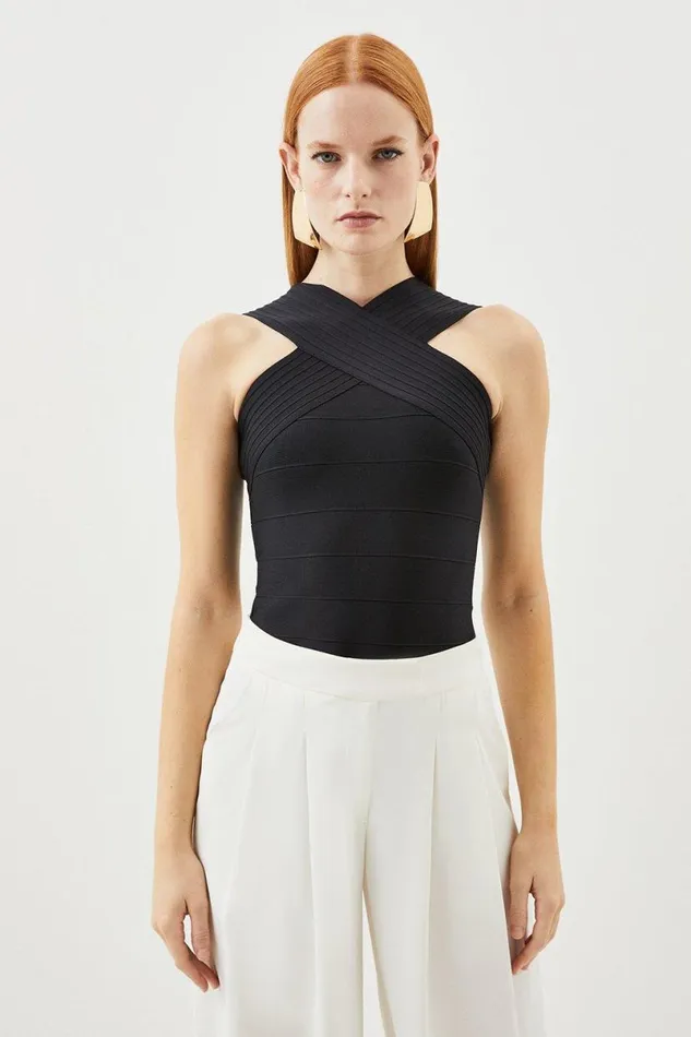 Figure Form Bandage Cross Front Knit Top Black Women Karen Millen Tops