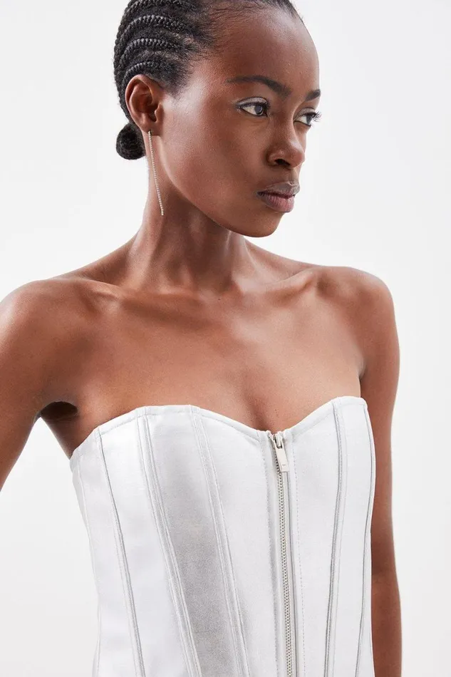 Figure Form Bandage Foiled Knit Zip Corset Top Silver Women Karen Millen Tops