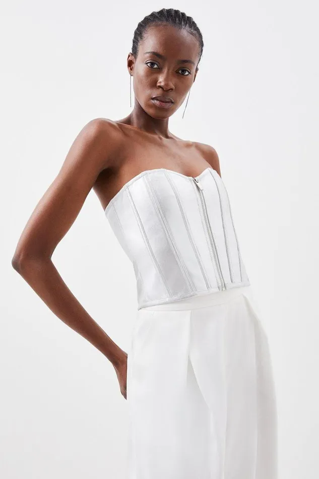 Figure Form Bandage Foiled Knit Zip Corset Top Silver Women Karen Millen Tops