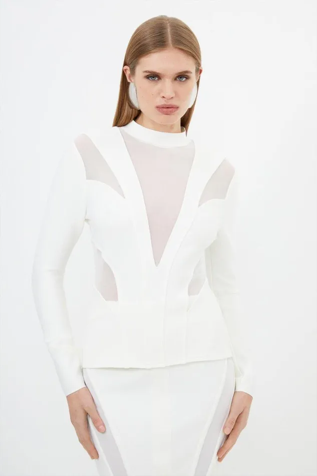 Figure Form Bandage Mesh Detail Knit Top Cream Women Karen Millen Tops