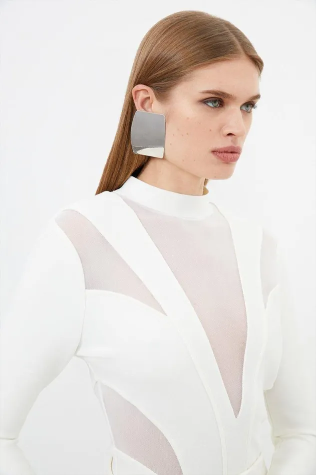 Figure Form Bandage Mesh Detail Knit Top Cream Women Karen Millen Tops