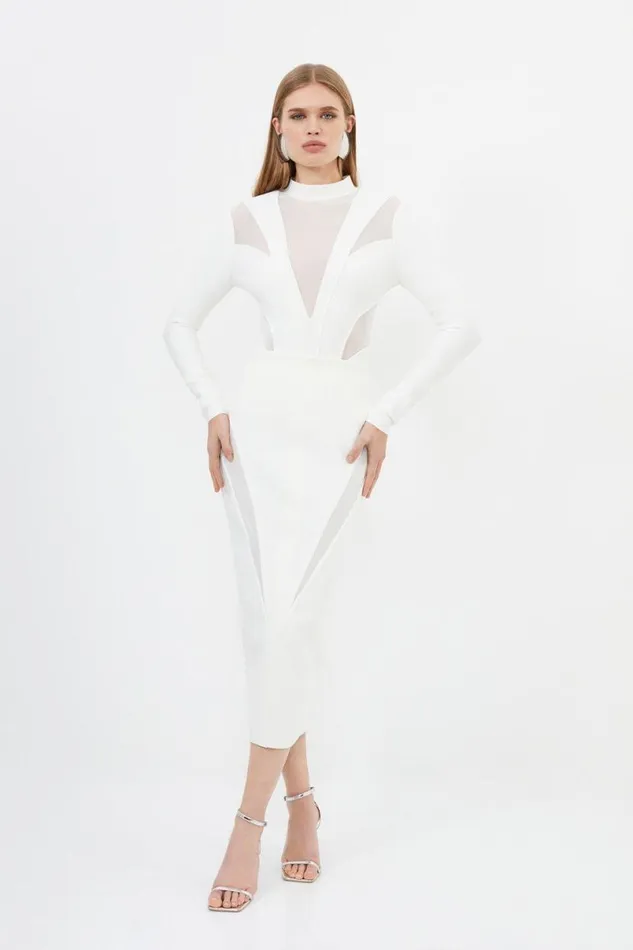 Figure Form Bandage Mesh Detail Knit Top Cream Women Karen Millen Tops