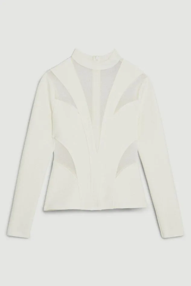 Figure Form Bandage Mesh Detail Knit Top Cream Women Karen Millen Tops