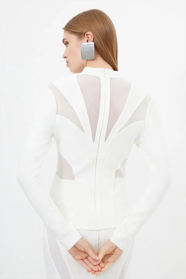 Figure Form Bandage Mesh Detail Knit Top Cream Women Karen Millen Tops