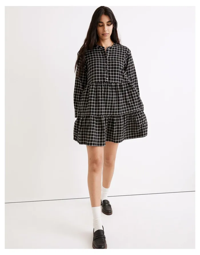 Flannel Button Placket Tiered Mini Dress In Windowpane True Black Women Madewell Dresses