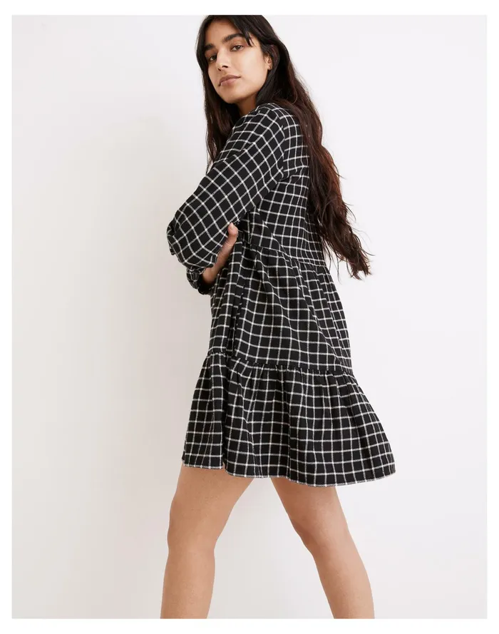 Flannel Button Placket Tiered Mini Dress In Windowpane True Black Women Madewell Dresses Flannel Button Placket Tiered Mini Dress In Windowpane True Black Women Madewell Dresses