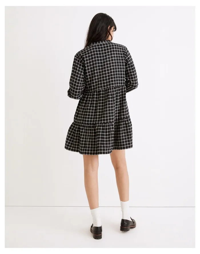 Flannel Button Placket Tiered Mini Dress In Windowpane True Black Women Madewell Dresses Flannel Button Placket Tiered Mini Dress In Windowpane True Black Women Madewell Dresses