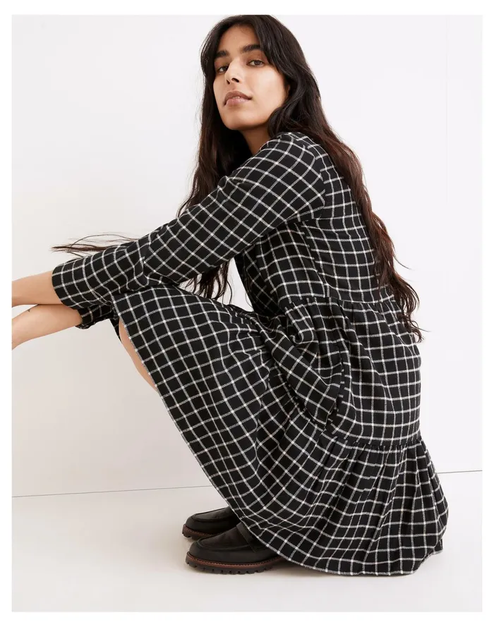 Flannel Button Placket Tiered Mini Dress In Windowpane True Black Women Madewell Dresses Flannel Button Placket Tiered Mini Dress In Windowpane True Black Women Madewell Dresses