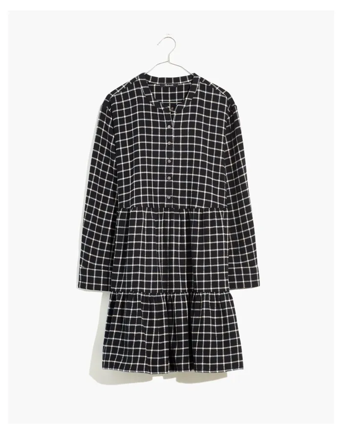 Flannel Button Placket Tiered Mini Dress In Windowpane True Black Women Madewell Dresses Flannel Button Placket Tiered Mini Dress In Windowpane True Black Women Madewell Dresses