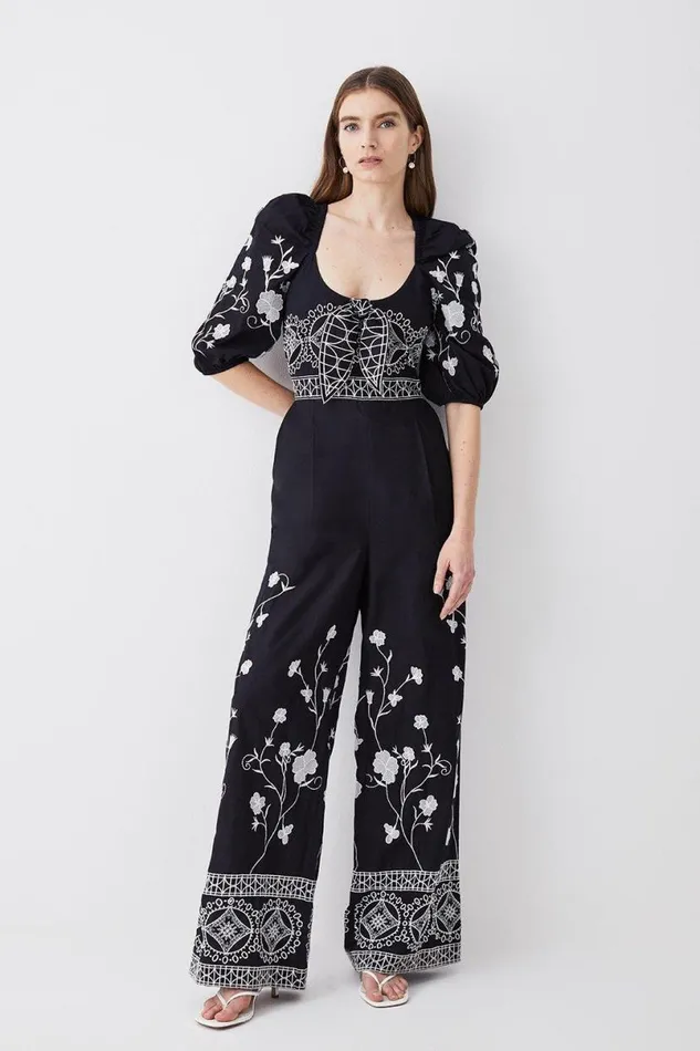 Floral and Geo Embroidered Woven Jumpsuit Black Women Karen Millen Jumpsuits and Playsuits Floral and Geo Embroidered Woven Jumpsuit Black Women Karen Millen Jumpsuits and Playsuits