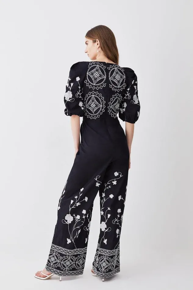 Floral and Geo Embroidered Woven Jumpsuit Black Women Karen Millen Jumpsuits and Playsuits