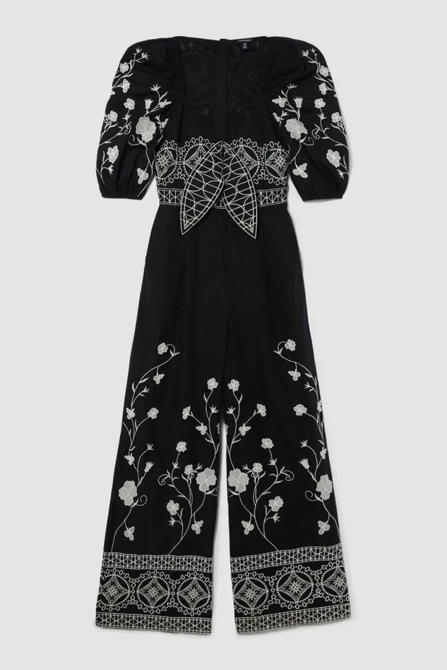 Floral and Geo Embroidered Woven Jumpsuit Black Women Karen Millen Jumpsuits and Playsuits