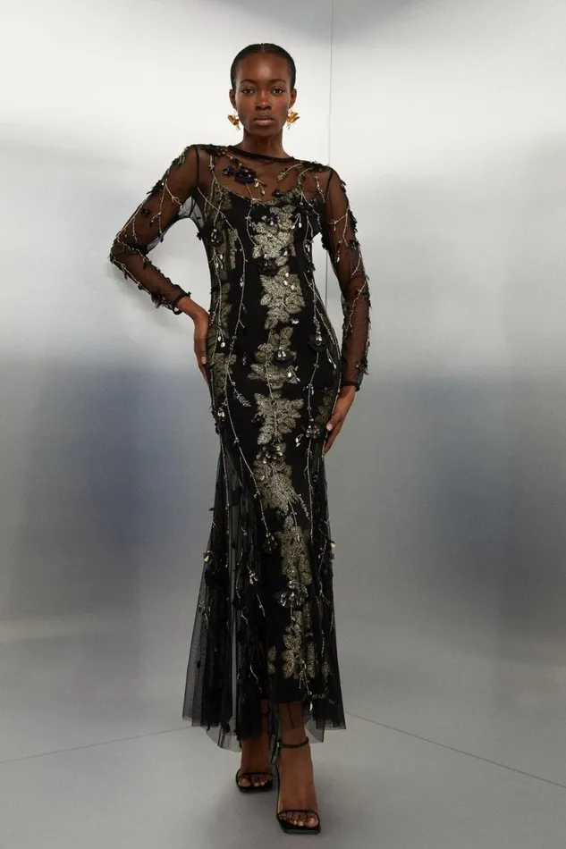 Floral Applique Metallic Viscose Georgette Woven Maxi Dress Black Women Karen Millen Dresses Floral Applique Metallic Viscose Georgette Woven Maxi Dress Black Women Karen Millen Dresses