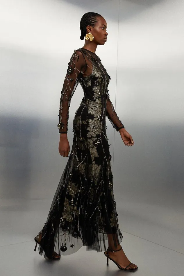 Floral Applique Metallic Viscose Georgette Woven Maxi Dress Black Women Karen Millen Dresses