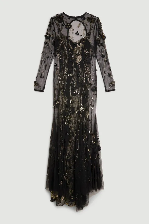 Floral Applique Metallic Viscose Georgette Woven Maxi Dress Black Women Karen Millen Dresses