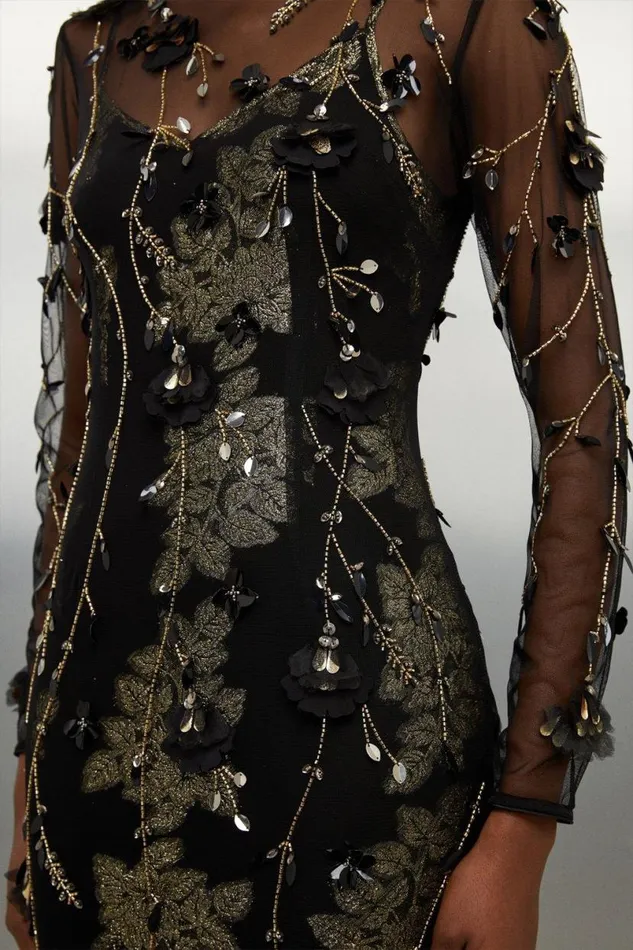 Floral Applique Metallic Viscose Georgette Woven Maxi Dress Black Women Karen Millen Dresses