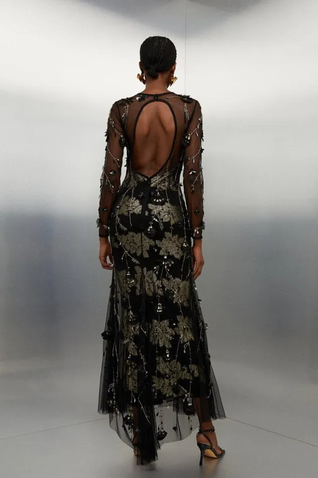 Floral Applique Metallic Viscose Georgette Woven Maxi Dress Black Women Karen Millen Dresses