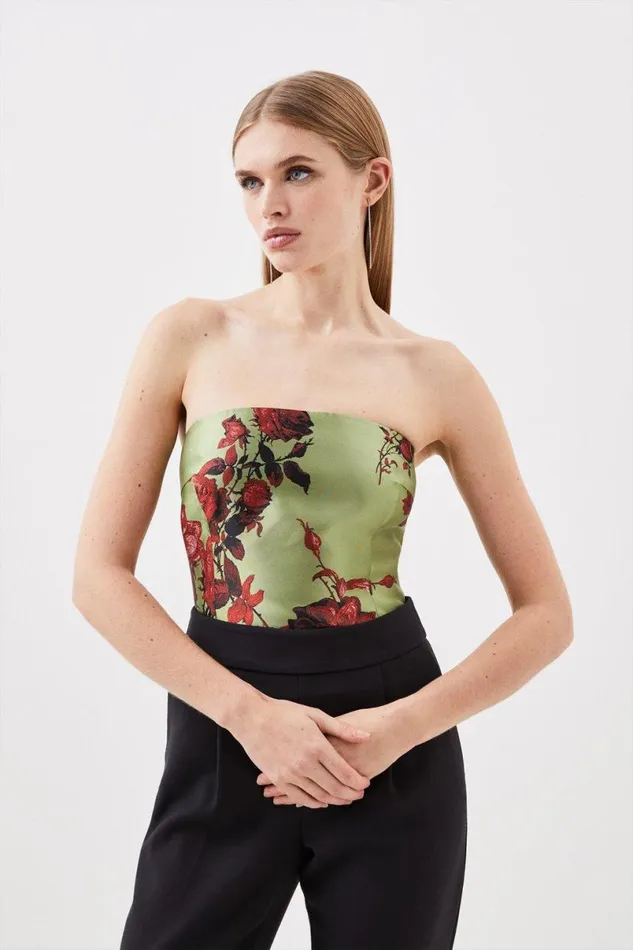 Floral Jacquard Panelled Woven Shirred Top Green Women Karen Millen Tops