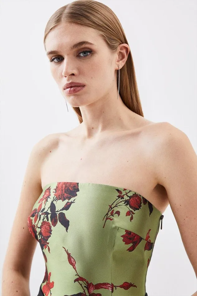 Floral Jacquard Panelled Woven Shirred Top Green Women Karen Millen Tops