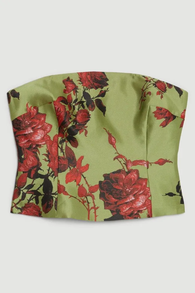 Floral Jacquard Panelled Woven Shirred Top Green Women Karen Millen Tops