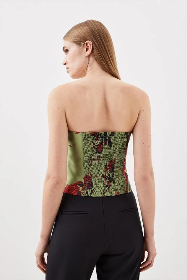 Floral Jacquard Panelled Woven Shirred Top Green Women Karen Millen Tops