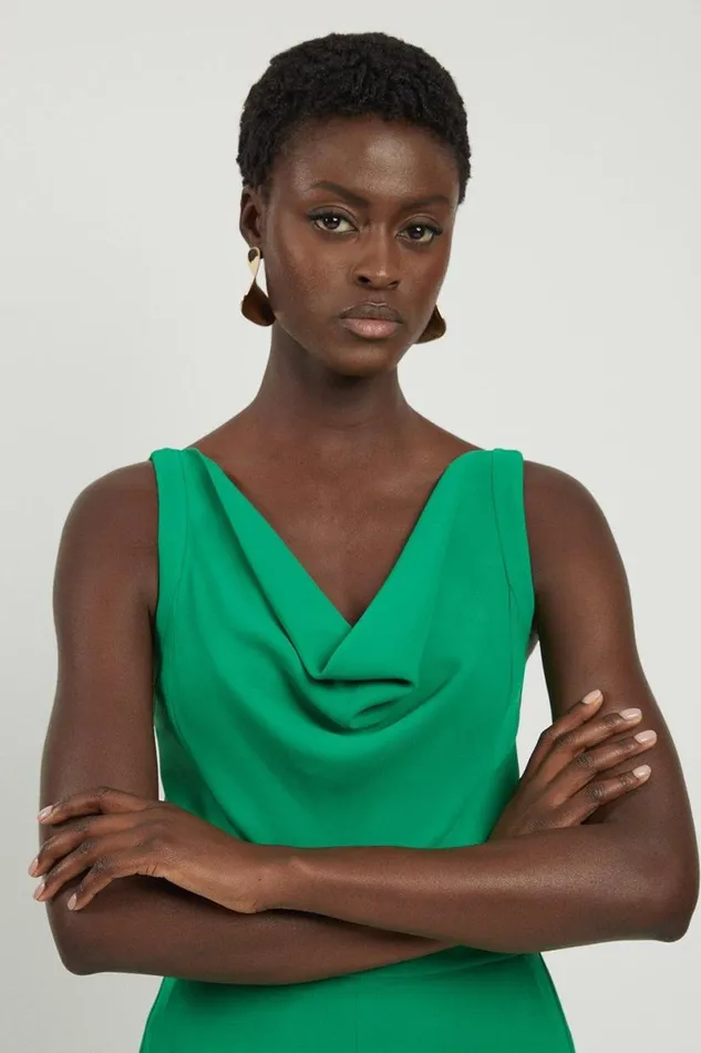 Fluid Tailored Cowl Neck Backless Wide Leg Jumpsuit Green Women Karen Millen Jumpsuits and Playsuits