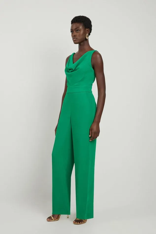 Fluid Tailored Cowl Neck Backless Wide Leg Jumpsuit Green Women Karen Millen Jumpsuits and Playsuits
