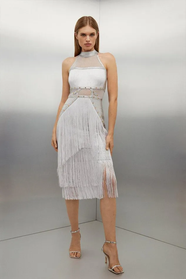Foiled Figure Form Bandage Fringe Halter Knit Midi Dress Silver Women Karen Millen Dresses Foiled Figure Form Bandage Fringe Halter Knit Midi Dress Silver Women Karen Millen Dresses