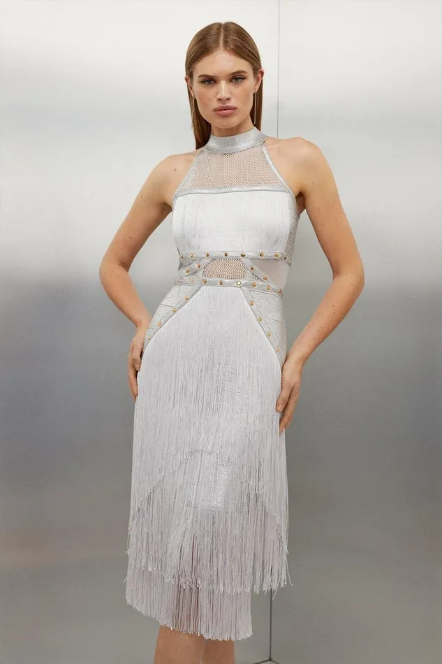 Foiled Figure Form Bandage Fringe Halter Knit Midi Dress Silver Women Karen Millen Dresses