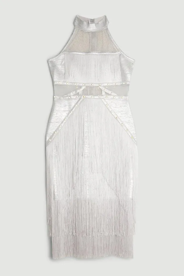 Foiled Figure Form Bandage Fringe Halter Knit Midi Dress Silver Women Karen Millen Dresses