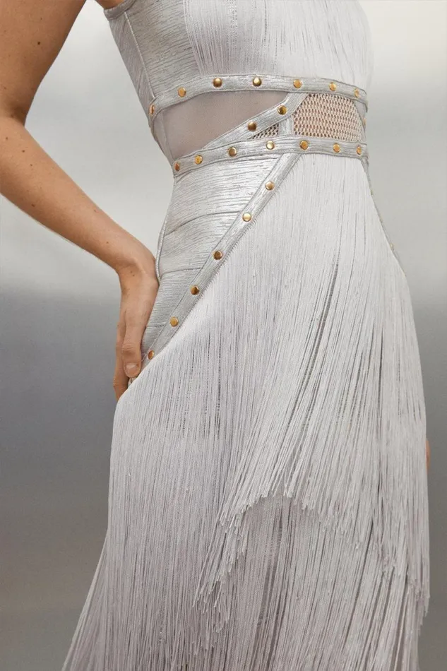 Foiled Figure Form Bandage Fringe Halter Knit Midi Dress Silver Women Karen Millen Dresses