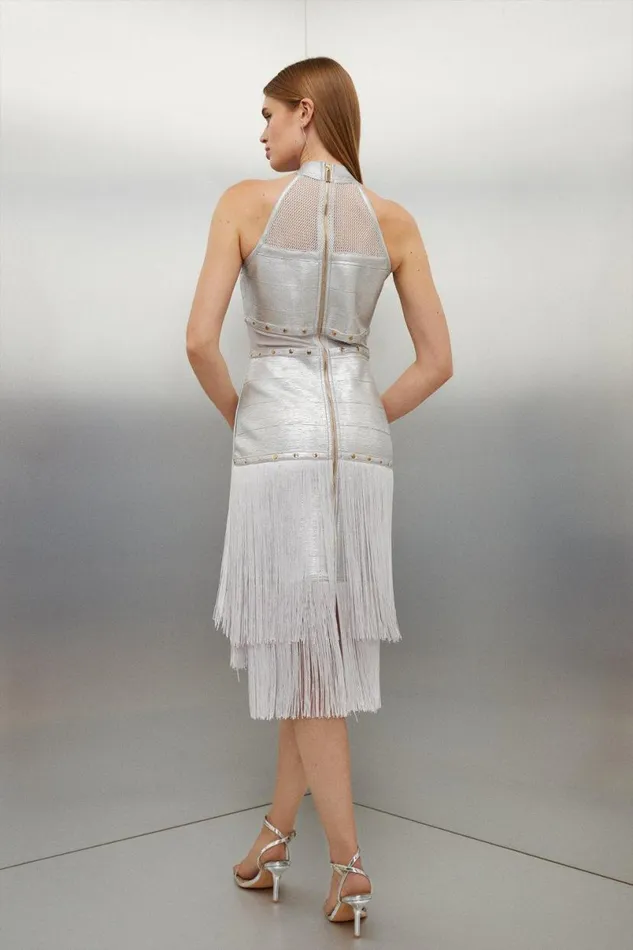 Foiled Figure Form Bandage Fringe Halter Knit Midi Dress Silver Women Karen Millen Dresses