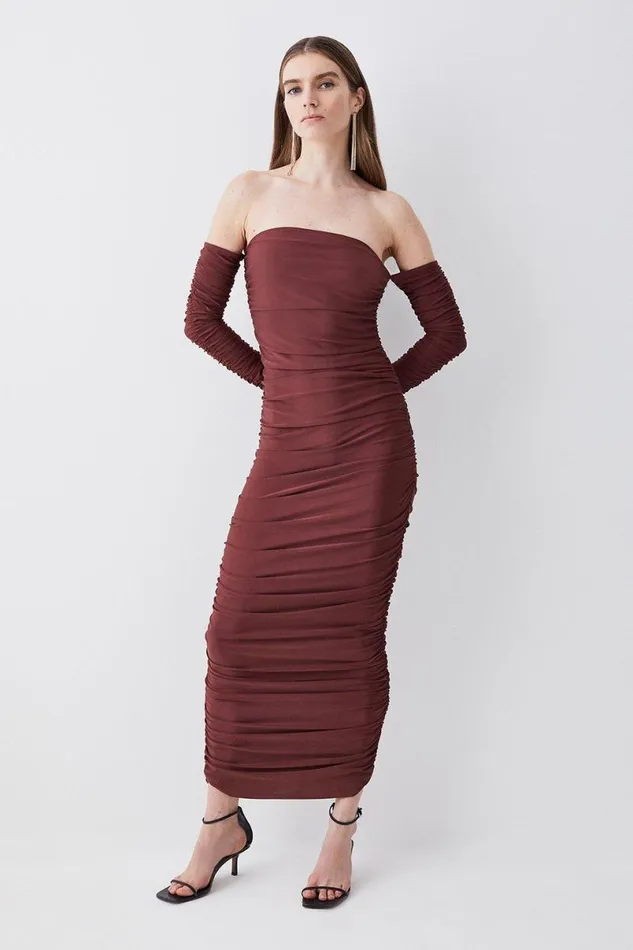 Gathered Slinky Bardot Maxi Dress Chocolate Women Karen Millen Dresses