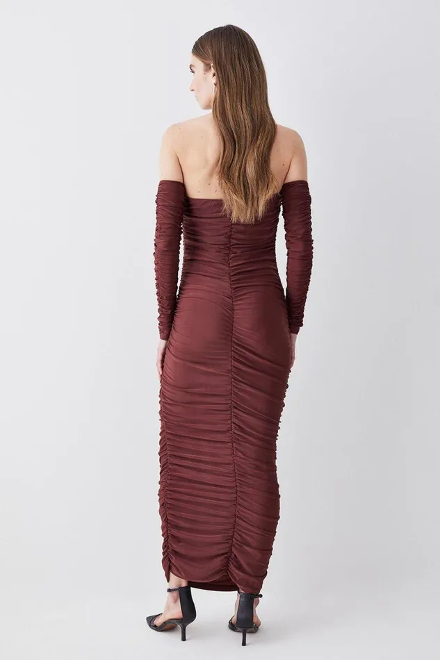 Gathered Slinky Bardot Maxi Dress Chocolate Women Karen Millen Dresses