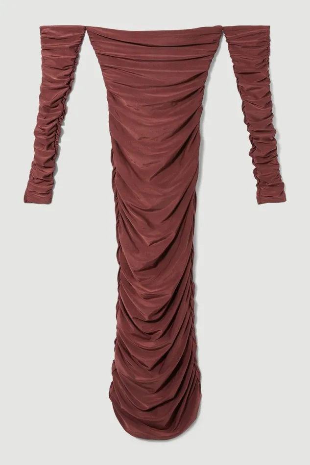 Gathered Slinky Bardot Maxi Dress Chocolate Women Karen Millen Dresses
