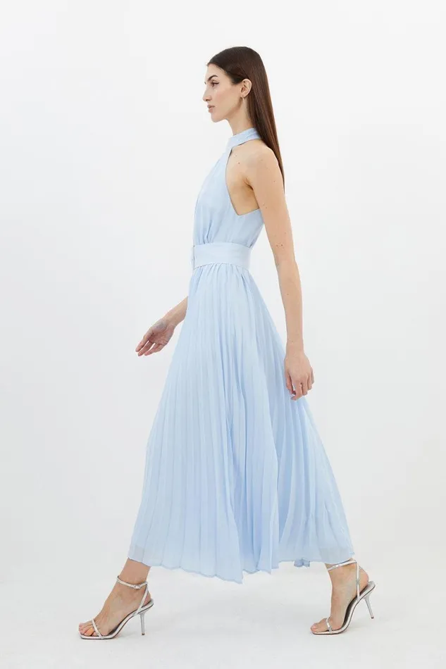 Georgette Belted Pleated Midi Dress Blue Women Karen Millen Dresses