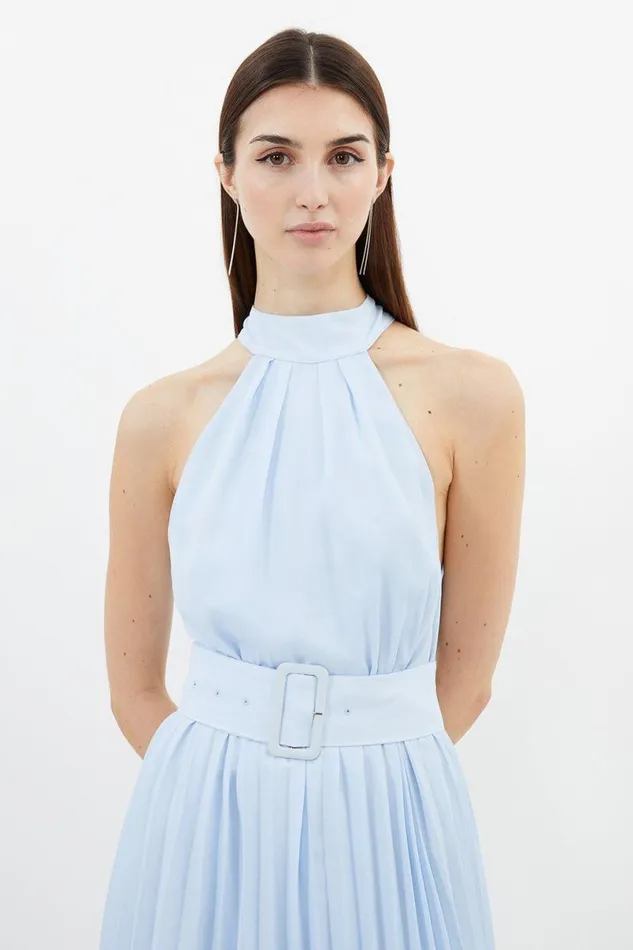 Georgette Belted Pleated Midi Dress Blue Women Karen Millen Dresses