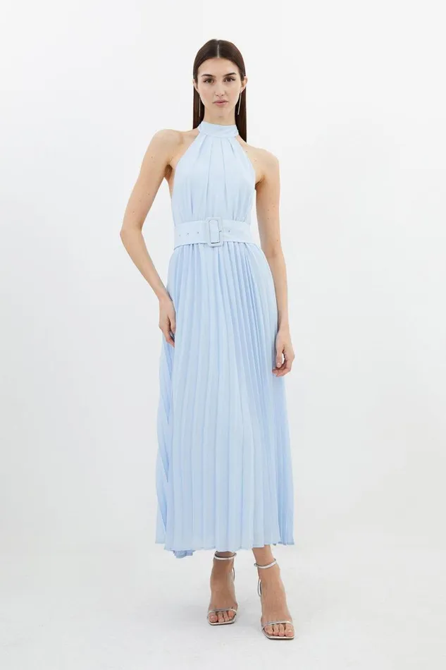 Georgette Belted Pleated Midi Dress Blue Women Karen Millen Dresses
