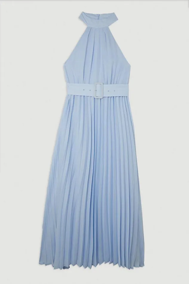 Georgette Belted Pleated Midi Dress Blue Women Karen Millen Dresses