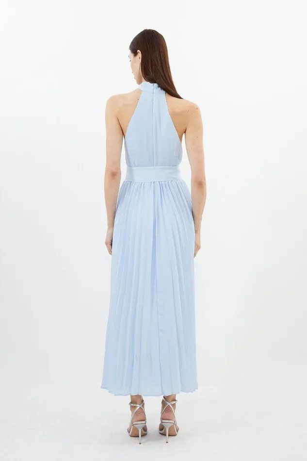 Georgette Belted Pleated Midi Dress Blue Women Karen Millen Dresses
