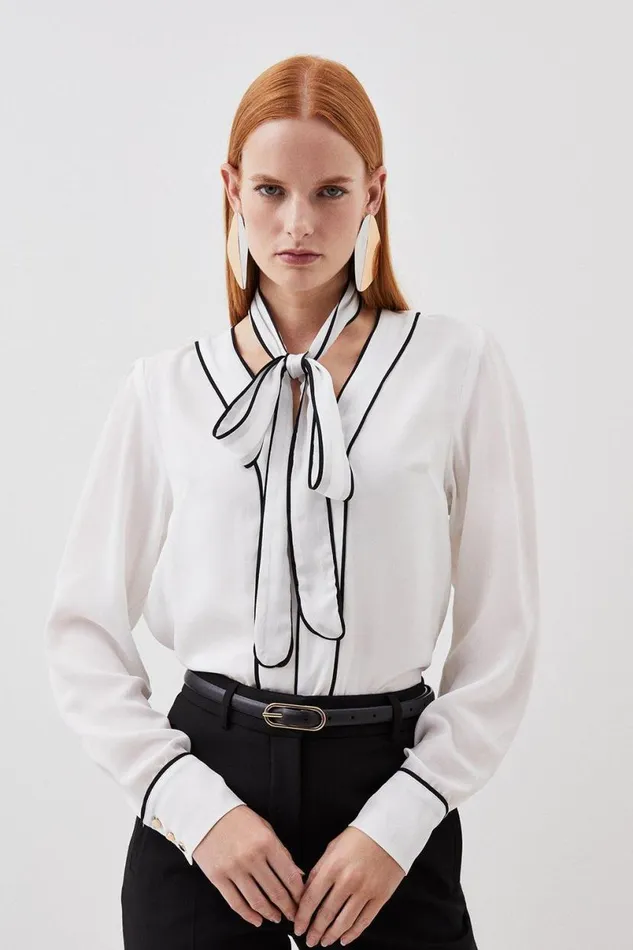 Georgette Woven Top With Piping Detail Ivory Women Karen Millen Tops