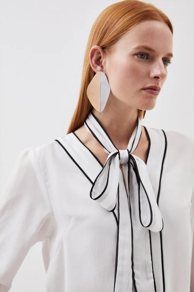 Georgette Woven Top With Piping Detail Ivory Women Karen Millen Tops