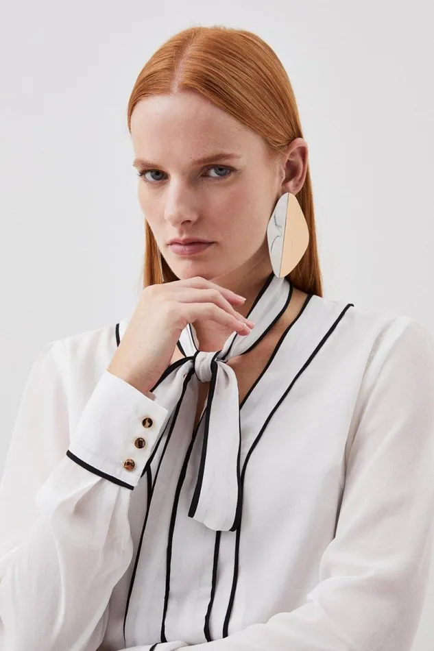 Georgette Woven Top With Piping Detail Ivory Women Karen Millen Tops