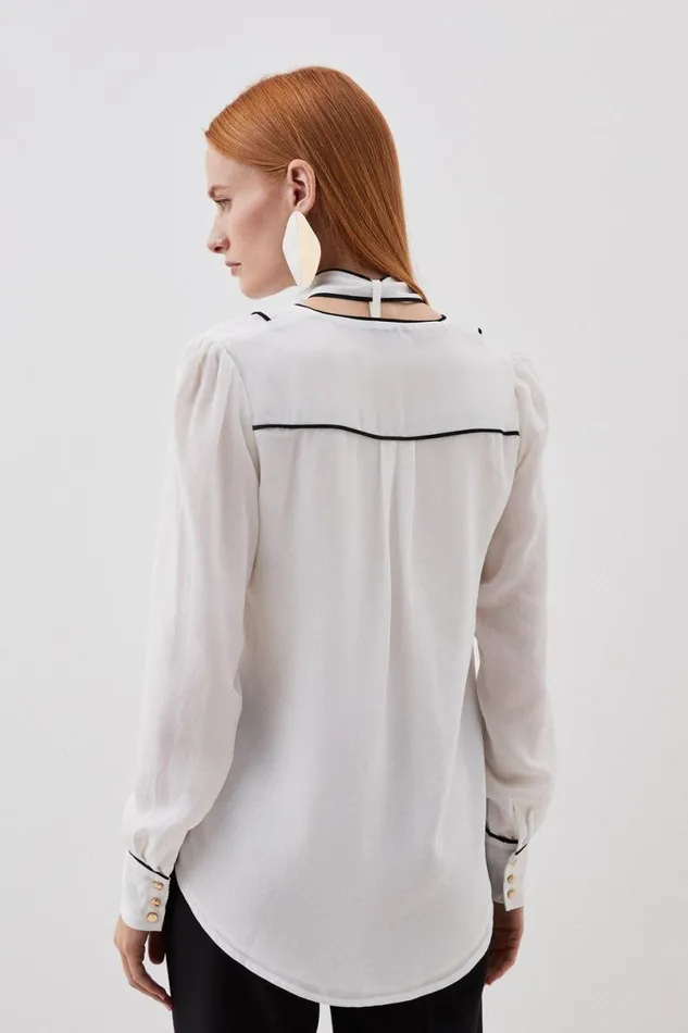 Georgette Woven Top With Piping Detail Ivory Women Karen Millen Tops