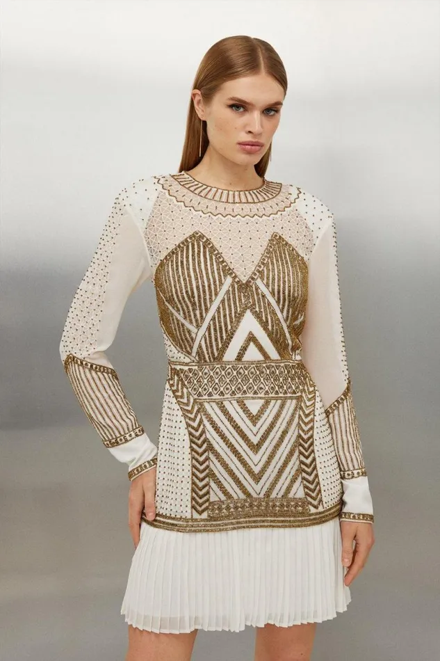 Gold Embellished Pleated Woven Mini Dress Gold Women Karen Millen Dresses