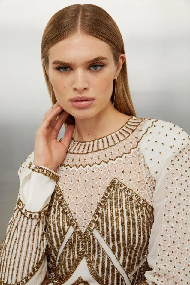 Gold Embellished Pleated Woven Mini Dress Gold Women Karen Millen Dresses
